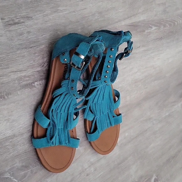 MINNETONKA Women's Sandals Suede Fringe Wedge wedge Turquoise  Size 6 - Picture 4 of 11